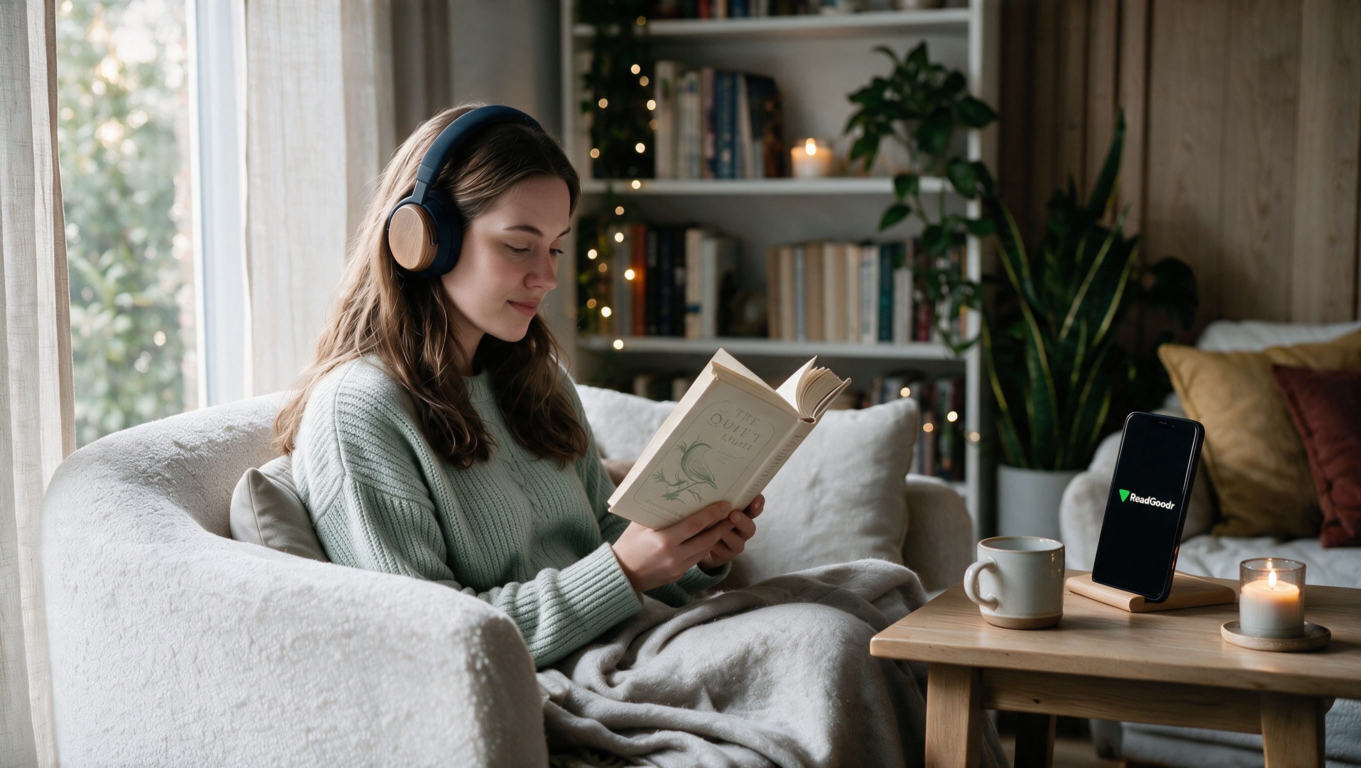 A reader listening with headphones while following a book beside ReadGoodr on a phone