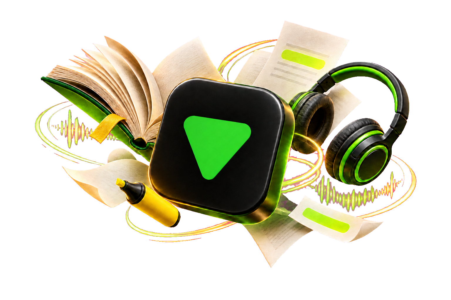 The three-dimensional ReadGoodr app icon surrounded by a book, documents, headphones and sound waves