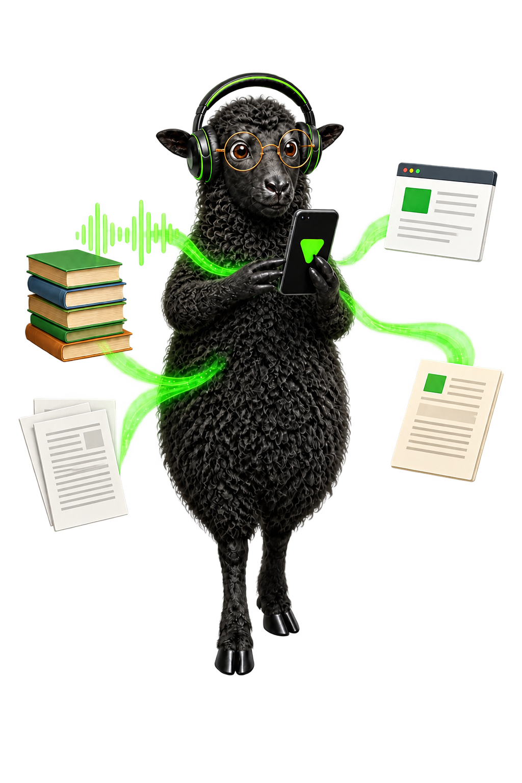 The ReadGoodr sheep turning books, documents and web articles into audio on a phone