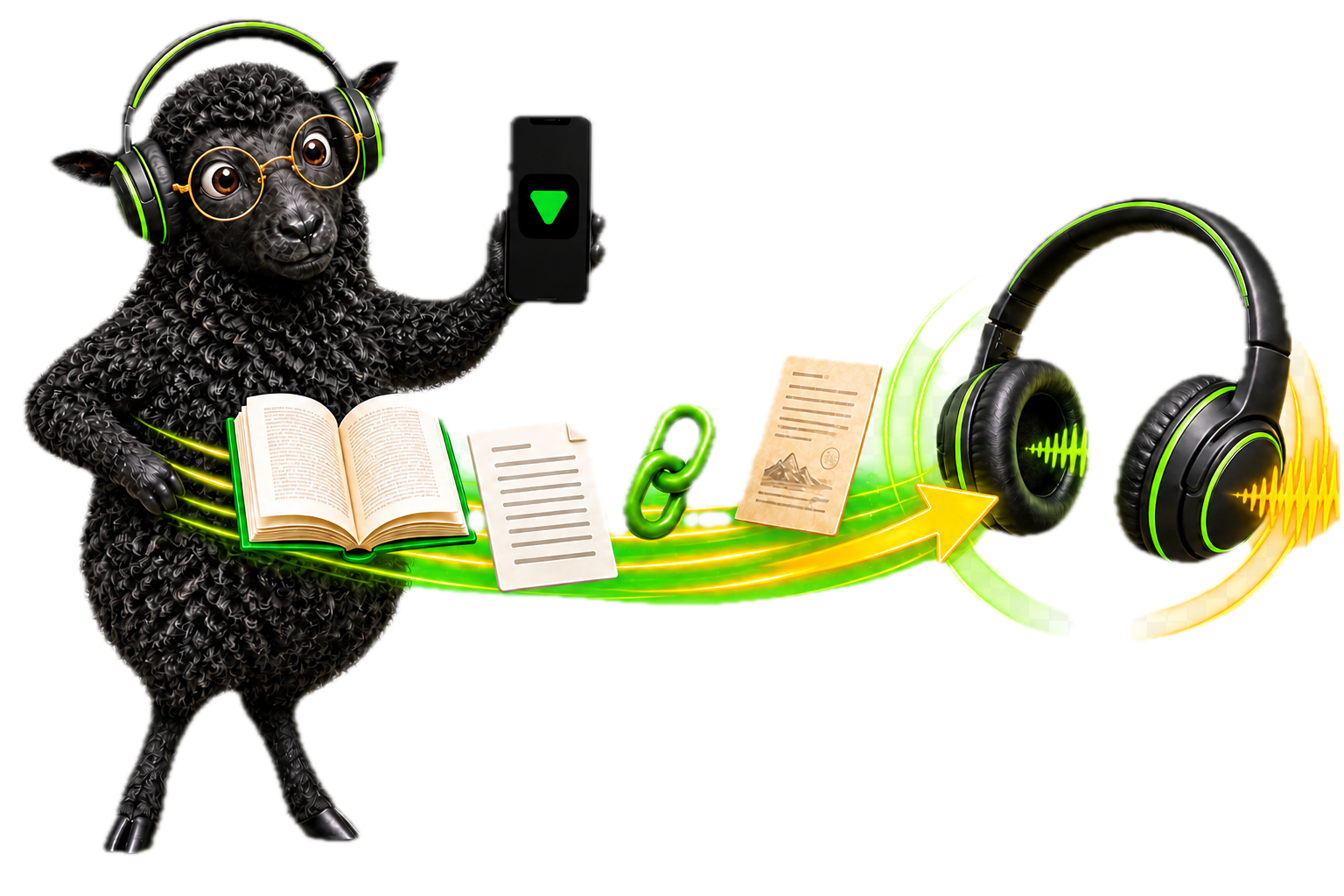 The ReadGoodr sheep holding a phone with the ReadGoodr icon while turning books, documents, links and scanned pages into audio