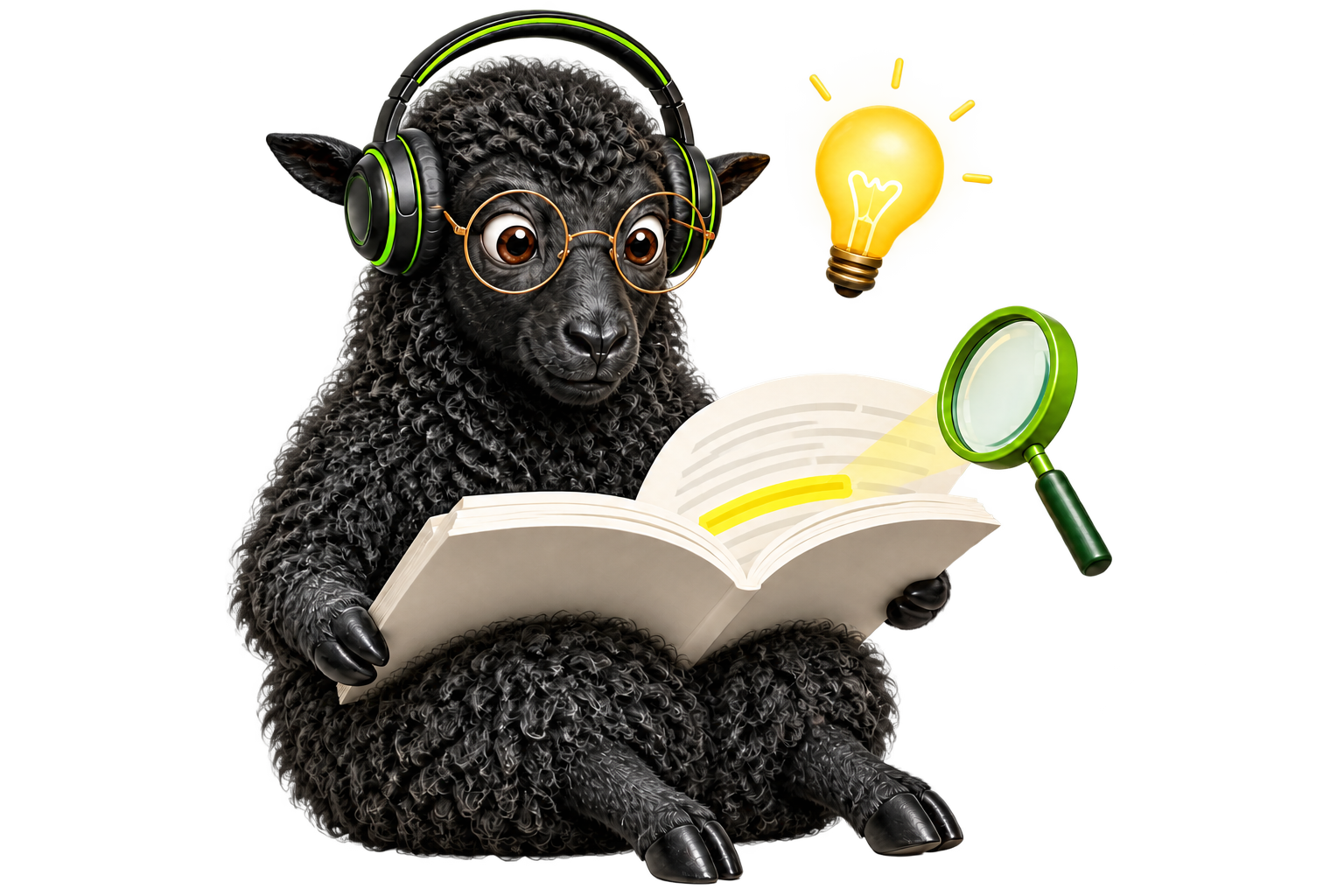 The ReadGoodr sheep understanding a book with help from a magnifying glass and lightbulb