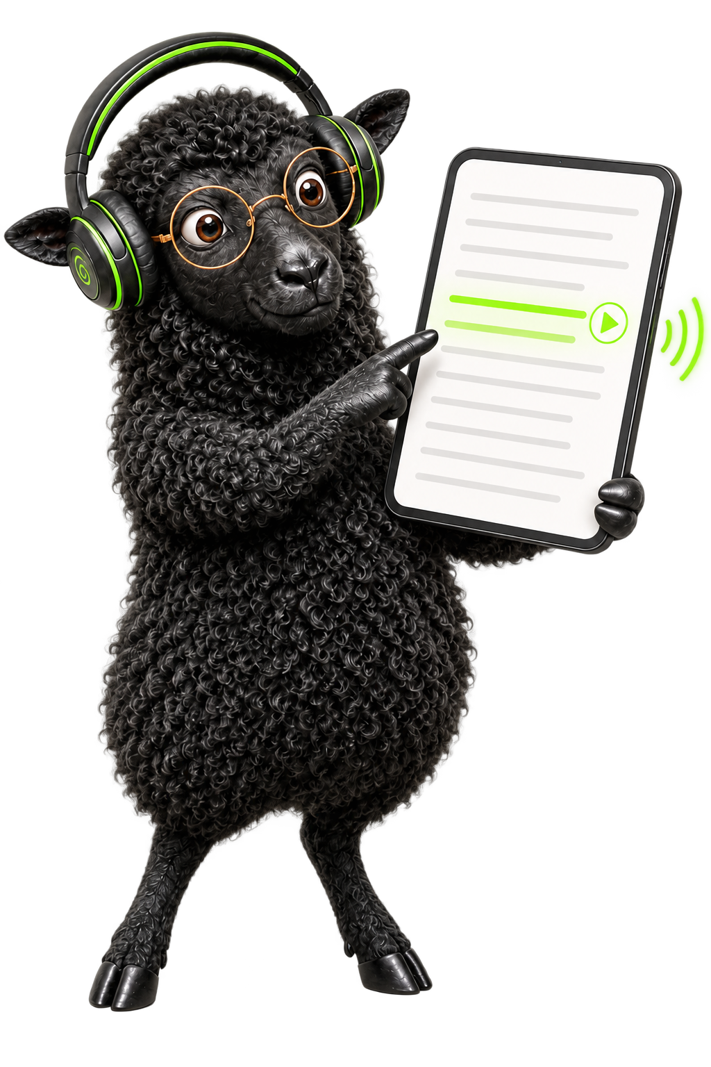 The ReadGoodr sheep following a highlighted line of text on a tablet