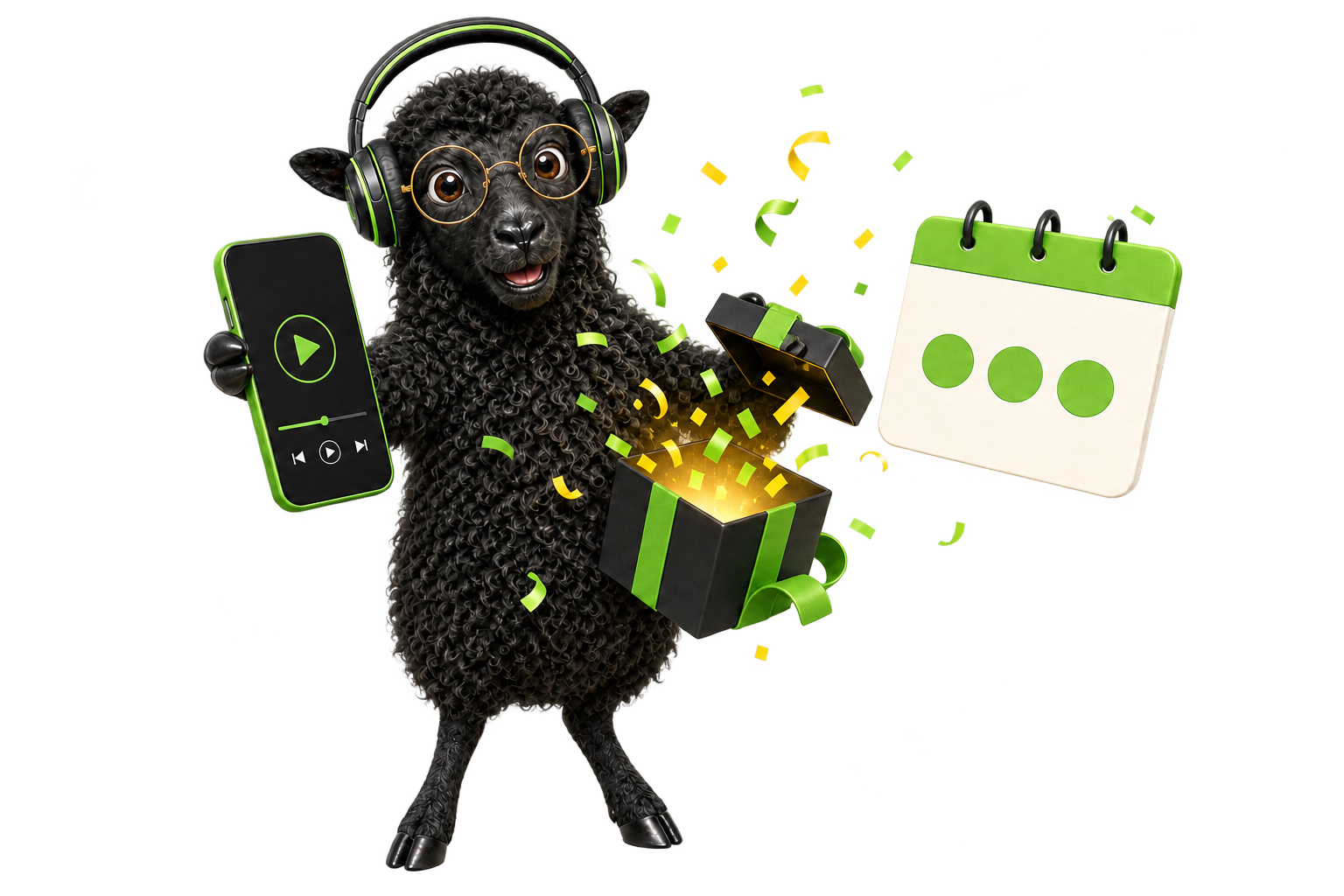 The ReadGoodr sheep opening a gift beside a phone and a three-day calendar