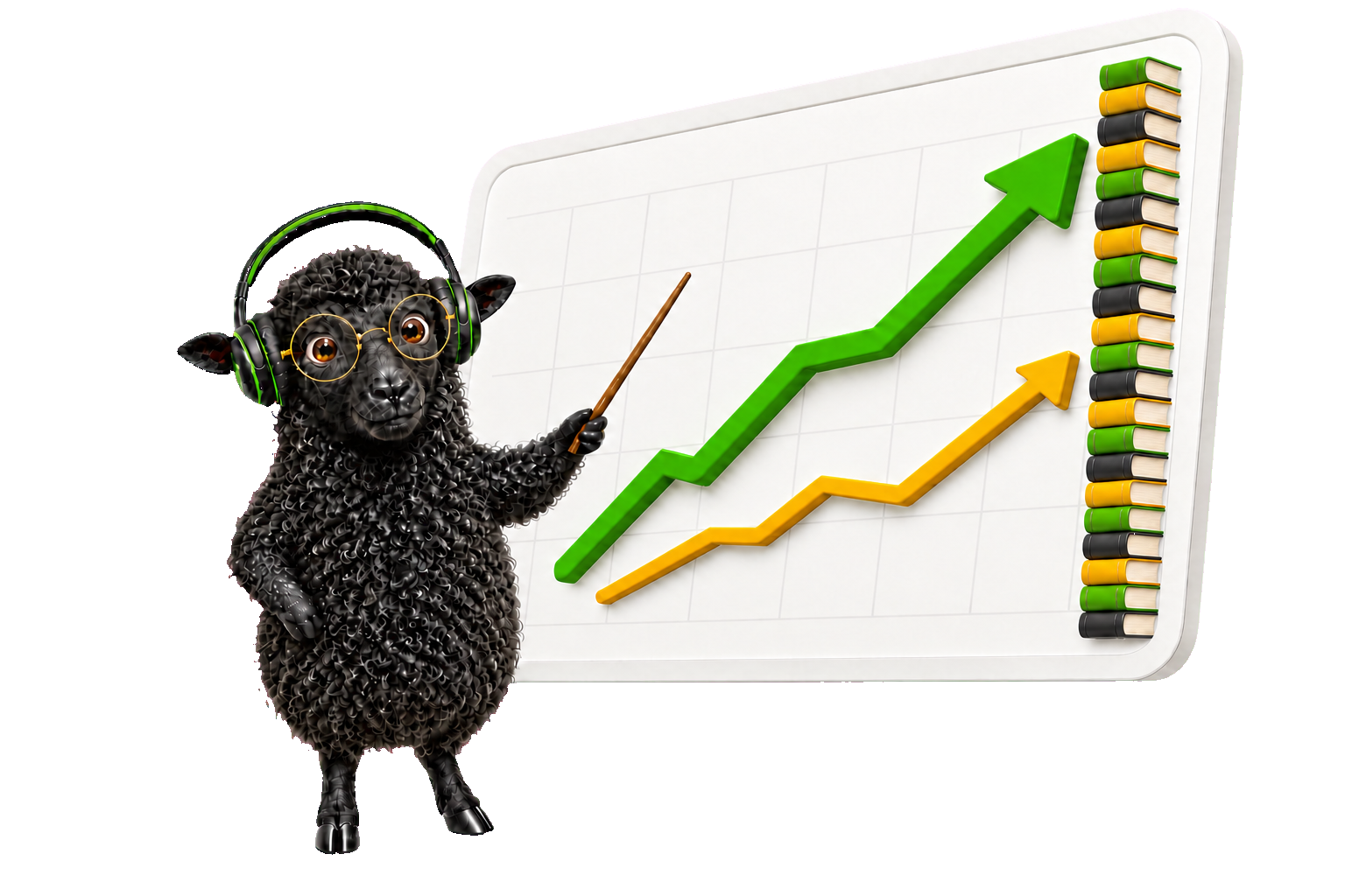The ReadGoodr sheep presenting a rising chart with a stack of books running along the full vertical axis