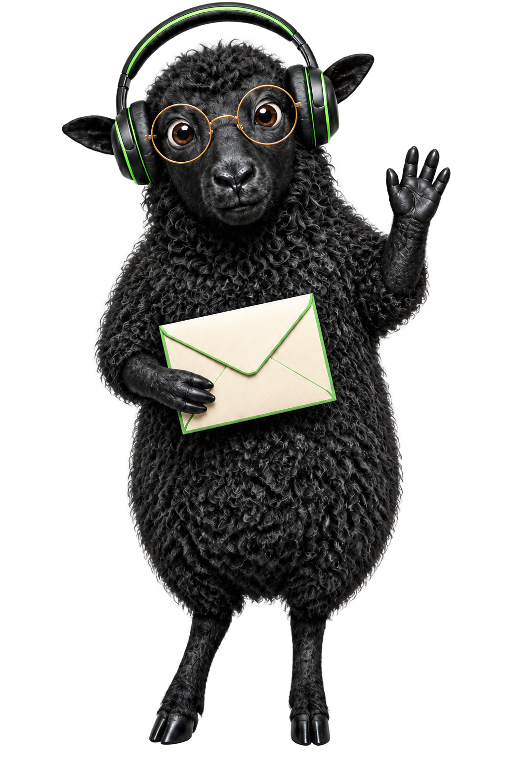 The ReadGoodr sheep waving while holding a blank envelope