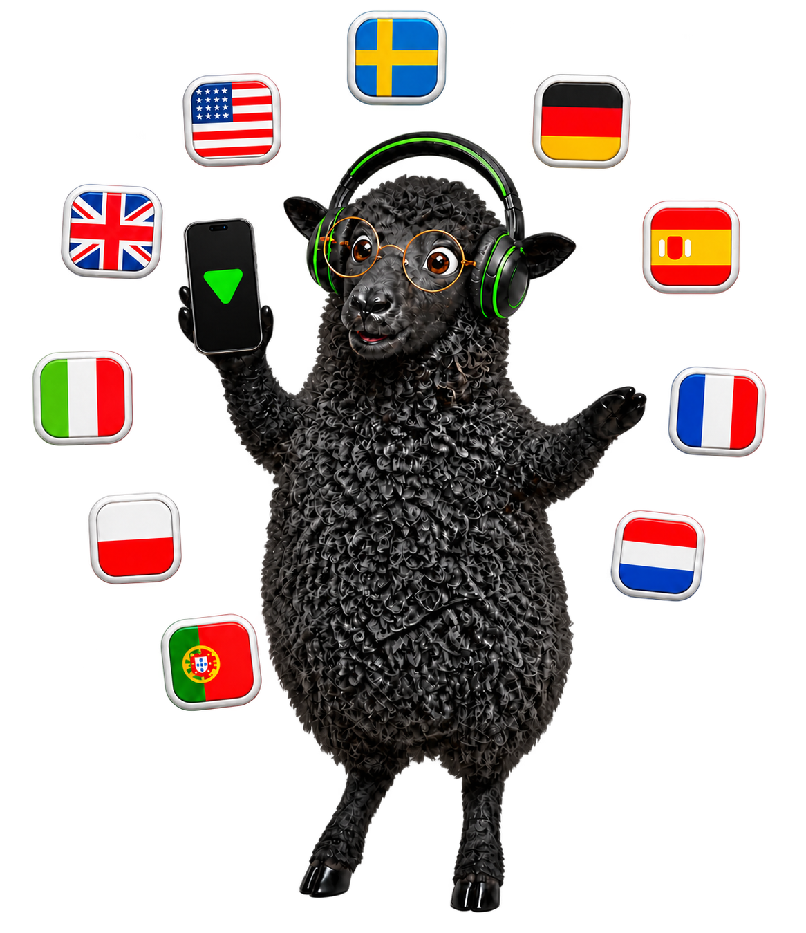 The ReadGoodr sheep holding a phone among the flags of the 10 supported language options