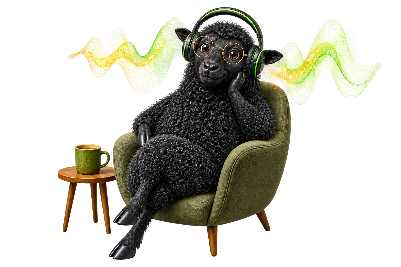 The ReadGoodr sheep relaxing in a chair while listening to natural voices