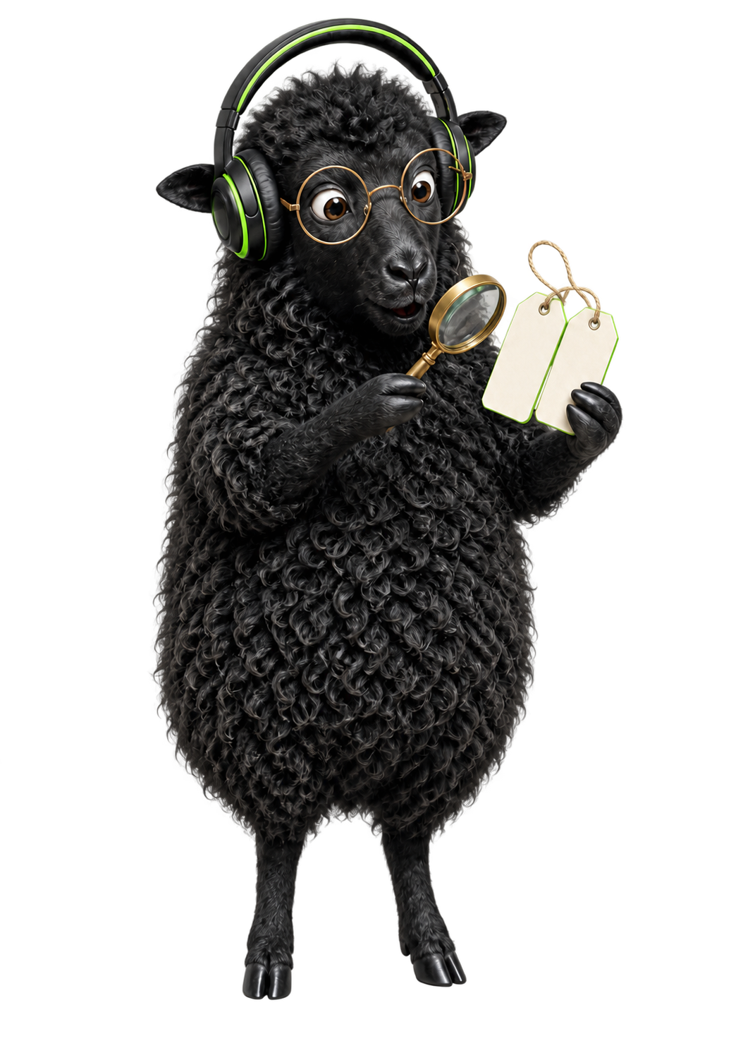 The ReadGoodr sheep examining two blank price tags with a magnifying glass