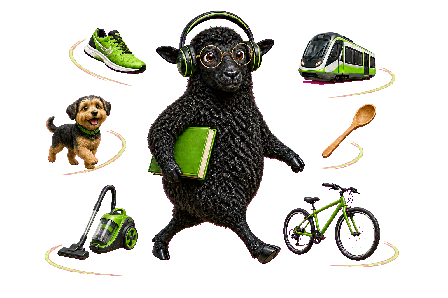 The ReadGoodr sheep walking with a book between symbols for exercise, cycling, commuting, dog walking, cooking and cleaning