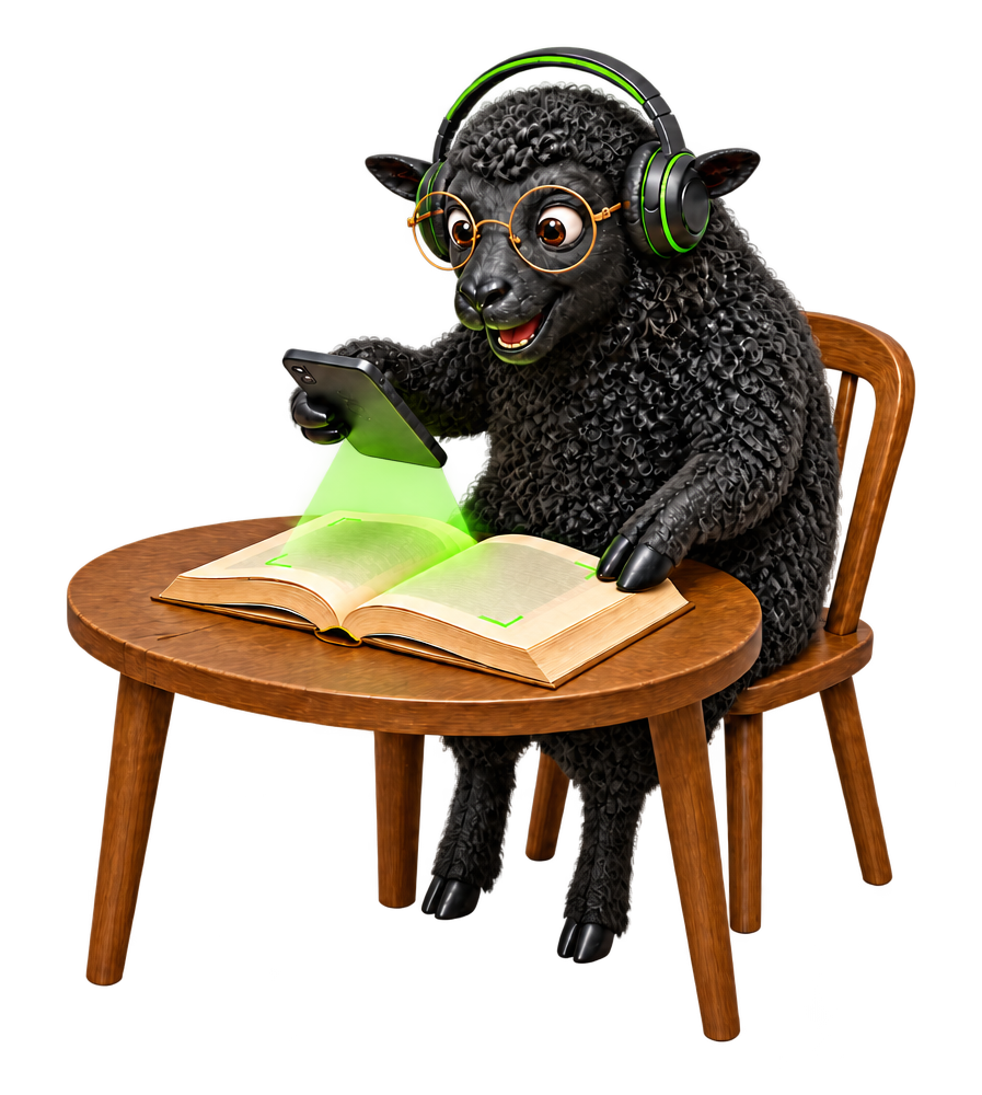 The ReadGoodr sheep seated at a wooden table and scanning an open printed book with a phone
