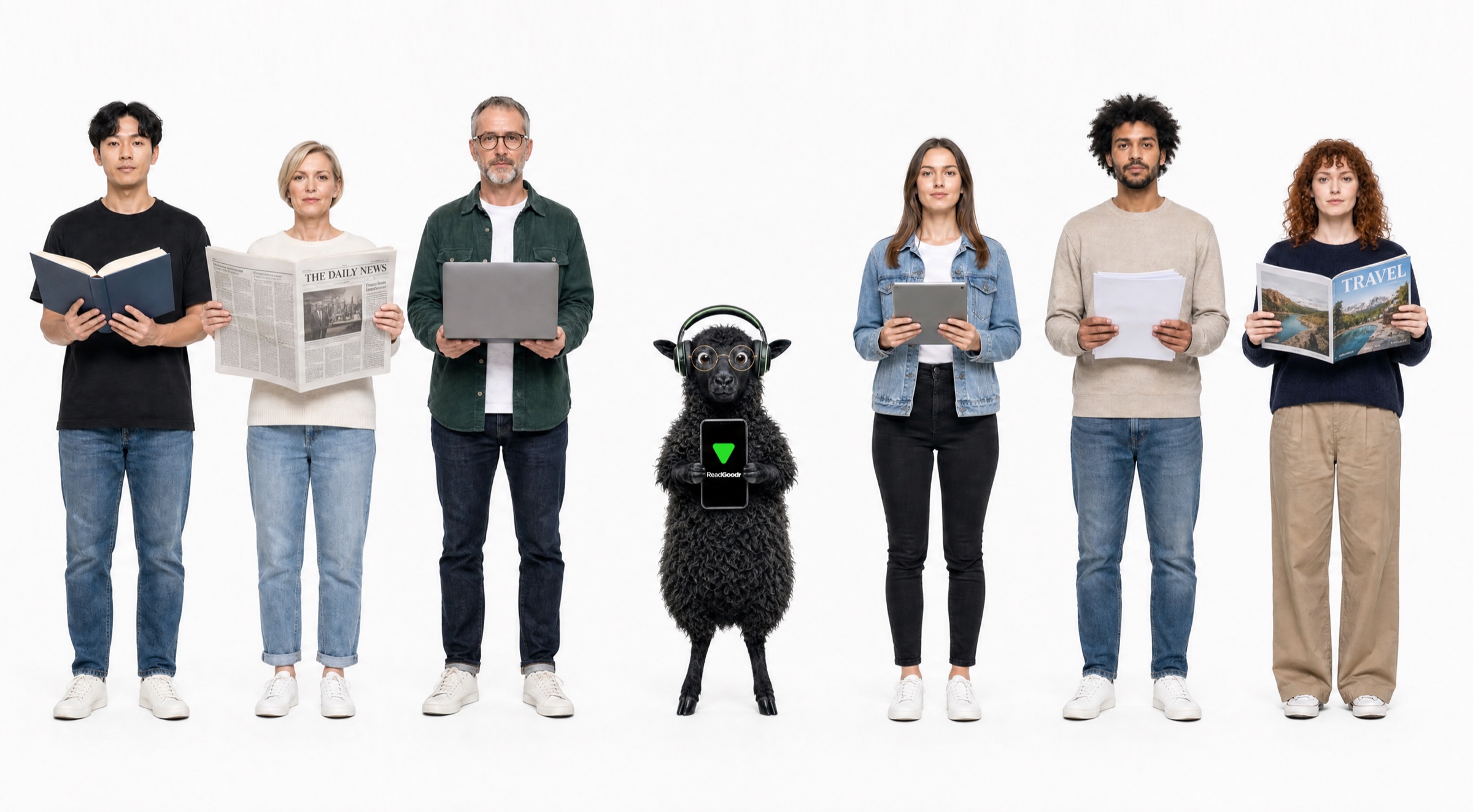 A group holding books, newspapers, documents and digital reading devices with the ReadGoodr sheep in the middle