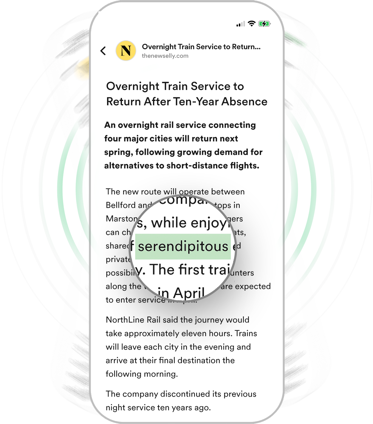 Article with the word serendipitous highlighted and enlarged