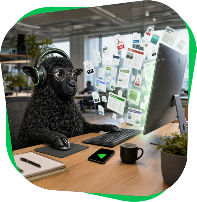 The ReadGoodr sheep listening to work documents at a desk