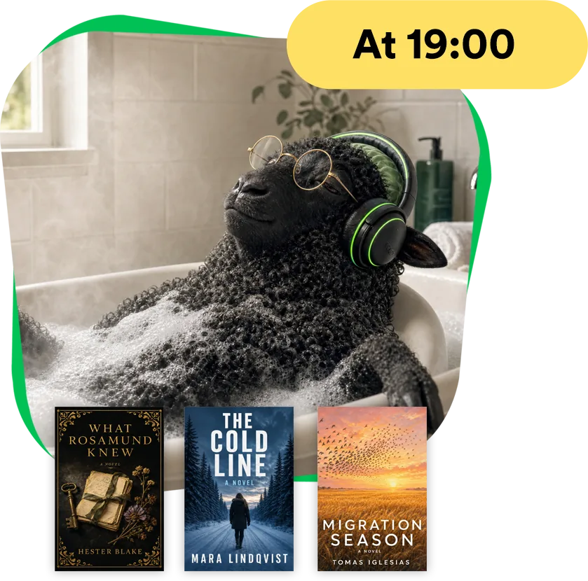 The ReadGoodr sheep relaxing in a bath while listening to fiction at 19:00